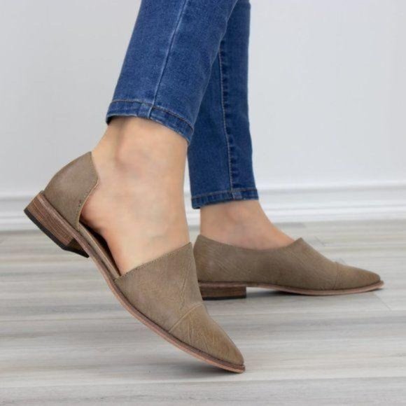 Shoes - Tan Taupe Opened Side Pointy Slip On Flat Loafer